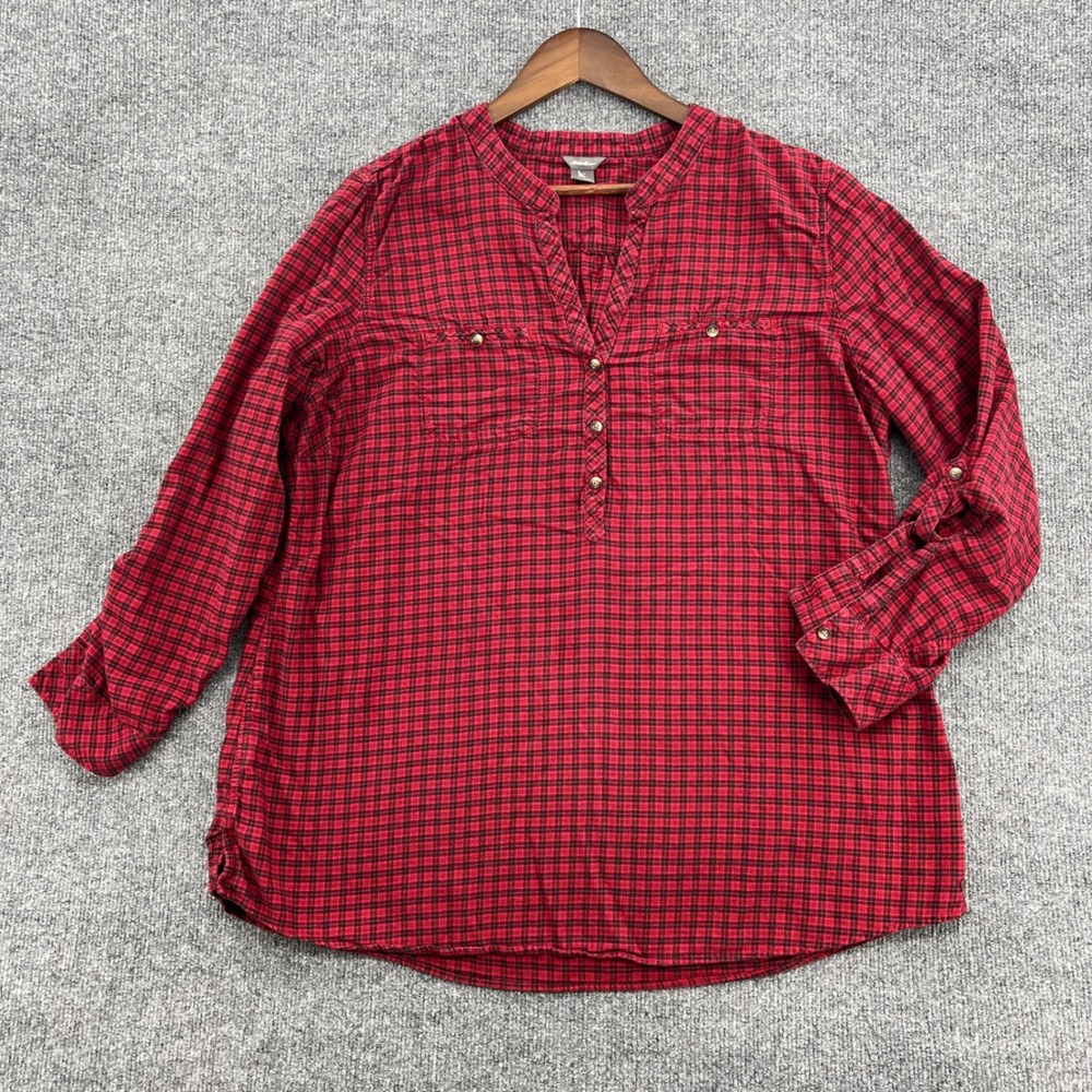Eddie Bauer Plaid Henley Top Womens 2XL Red Black Check Cabin Cozy Lounge Retro